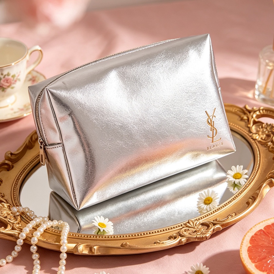 Ysl Beauty Makeup - silver cosmetic pouch,faux leather makeup bag,zipper